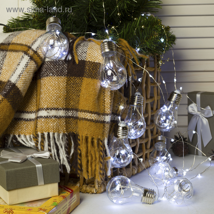 Гирлянда &laquo;Нить&raquo; 3 м с насадками &laquo;Лампочки&raquo;, IP20, серебристая нить, 100 LED, свечение белое, 3.5 В