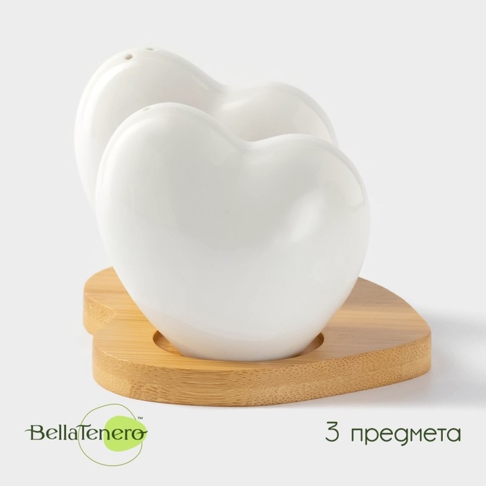 Набор фарфоровый для специй на бамбуковой подставке BellaTenero &laquo;Тепло сердец&raquo;, 2 предмета: солонка 75 мл, перечница 75 мл, цвет белый