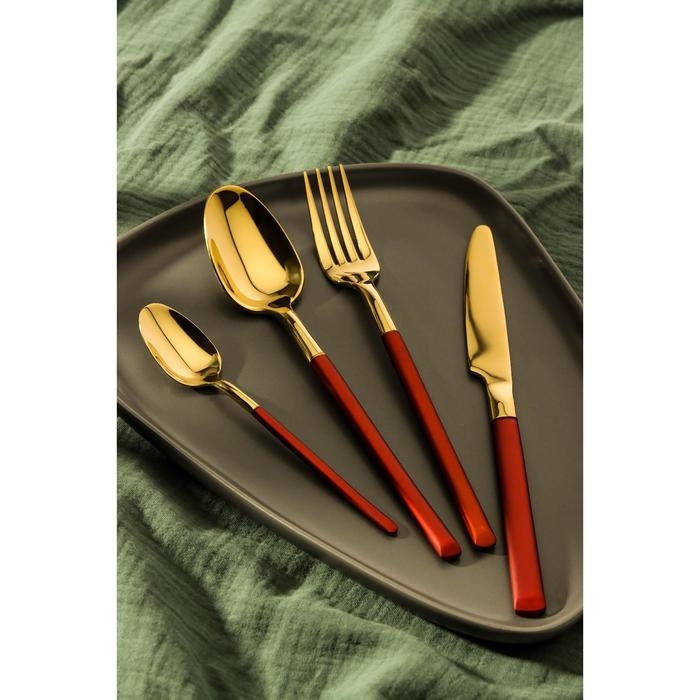 Набор столовых приборов из нержавеющей стали Magistro «Версаль», 4 предмета, цвет металла золотой, красная ручка Набор столовых приборов из нержавеющей стали Magistro «Версаль», 4 предмета, цвет металла золотой, красная ручка
