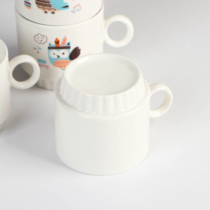 Набор кружек керамических на металлической подставке Доляна &laquo;Совы&raquo;, 4 предмета: 200 мл, рисунок МИКС