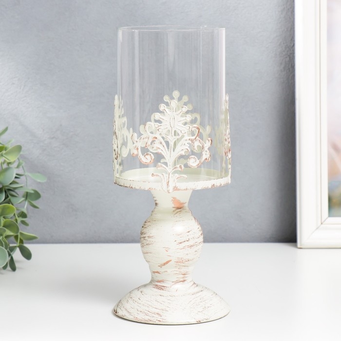 Подсвечник металл на 1 свечу Подсвечник металл на 1 свечу "Витиеватый цветок" белый с патиной 25,5х10,5х10,5 см