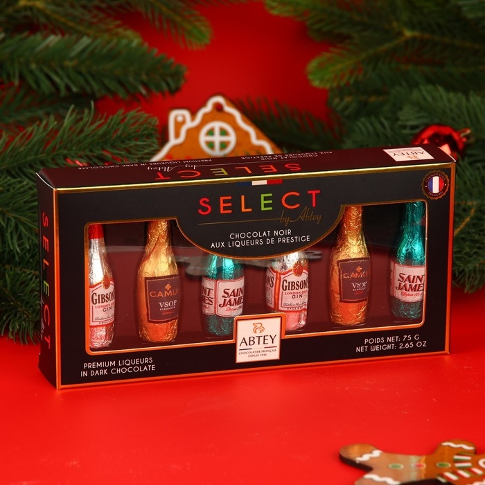 Новый год. Шоколад фигурный ETUI SELECT BY ABTEY SENIOR, с начинкой из ликера, ассорти, 13 &plusmn; 1 г