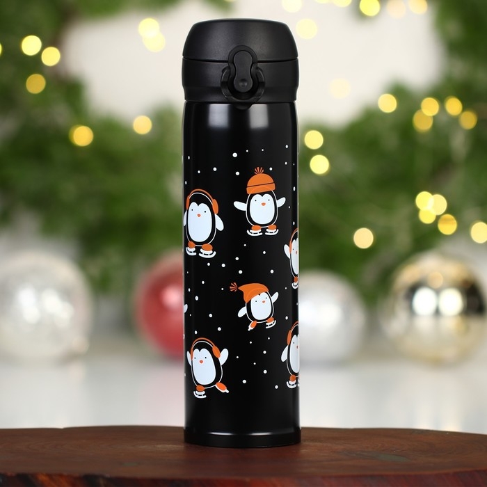 Новый год. Термос новогодний &laquo;Пингвины&raquo; цвет чёрный, 450 мл