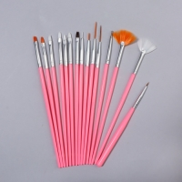 Набор кистей для наращивания и дизайна ногтей, 15 шт, цвет розовый