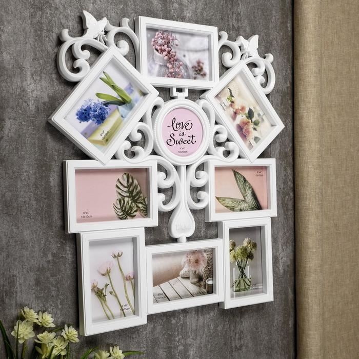 Фоторамка пластик на 9 фото 10х10, 10х15 см Фоторамка пластик на 9 фото 10х10, 10х15 см "Узоры" белая 54х49 см