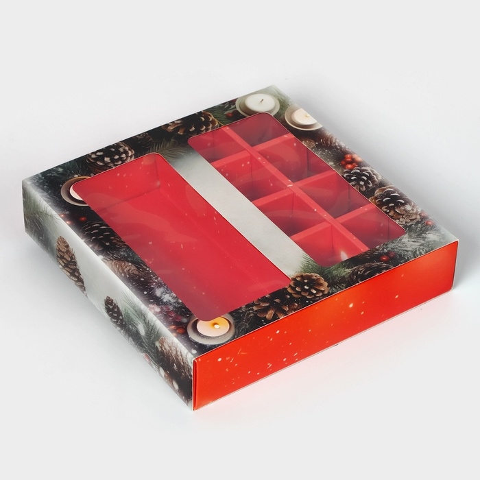 Новый год. Коробка под 8 конфет и шоколад, с окном Новый год. Коробка под 8 конфет и шоколад, с окном "Новогодняя", 17,7 х 17,8 х 3,8 см, кондитерская упаковка