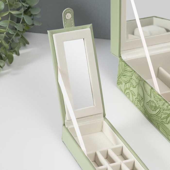 Шкатулка кожзам для украшений "Цветы" тиснение, серо-зелёная 25х25х8 см