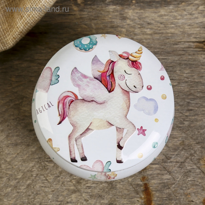 Шкатулка металл круг Шкатулка металл круг "Единорог с крыльями" выпуклый рисунок 5х7,5х7,5 см