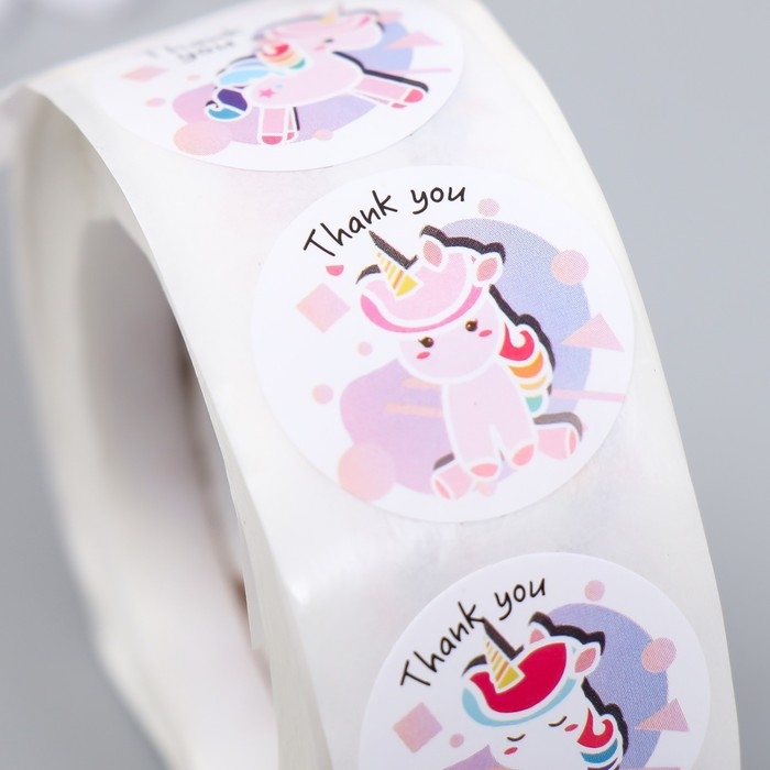 Наклейка бумага Наклейка бумага "Единорог. Благодарность" d=2,5 см 500 шт в рулоне 3х6,5х6,5 см