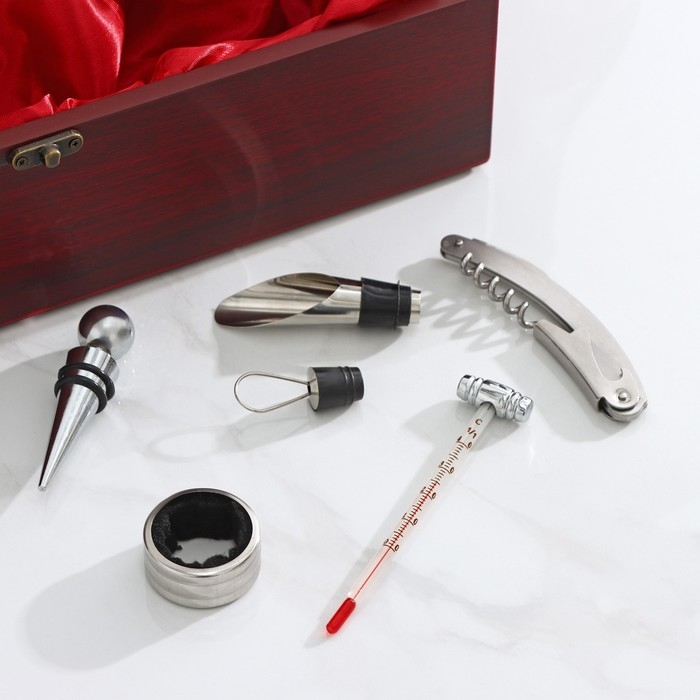 Набор для вина Доляна «Ла-Манш», 6 предметов: кейс для бутылки, каплеуловитель, кольцо, штопор, термометр, пробка Набор для вина Доляна «Ла-Манш», 6 предметов: кейс для бутылки, каплеуловитель, кольцо, штопор, термометр, пробка