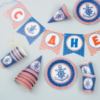 Набор бумажной посуды одноразовый С днём рождения&raquo;, морской якорь: 6 тарелок, 6 стаканов, 6 колпаков, 1 гирлянда