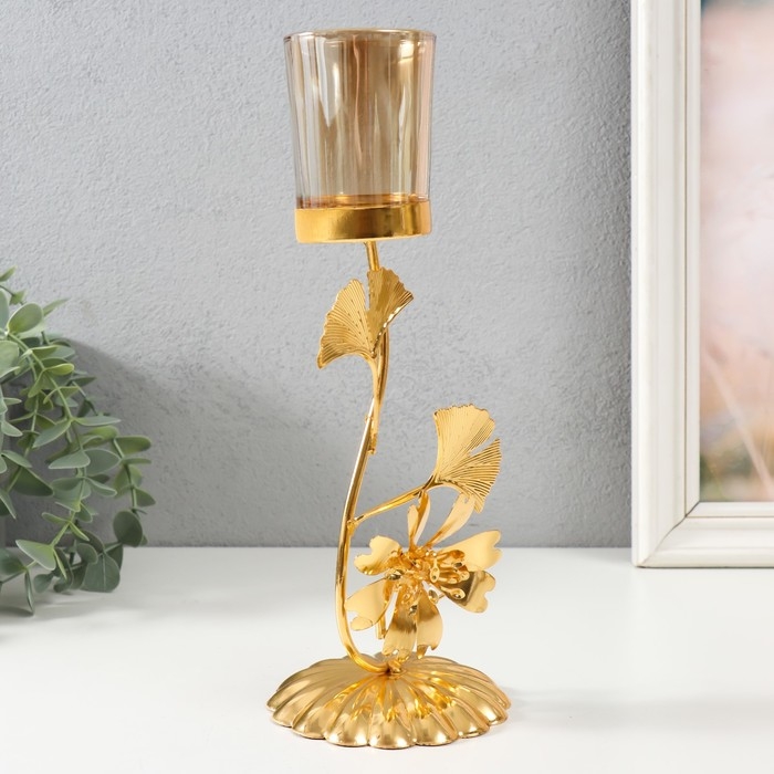 Подсвечник металл, стекло на 1 свечу "Золотой цветок" d=4,7 см 10,7х9,5х24,2 см