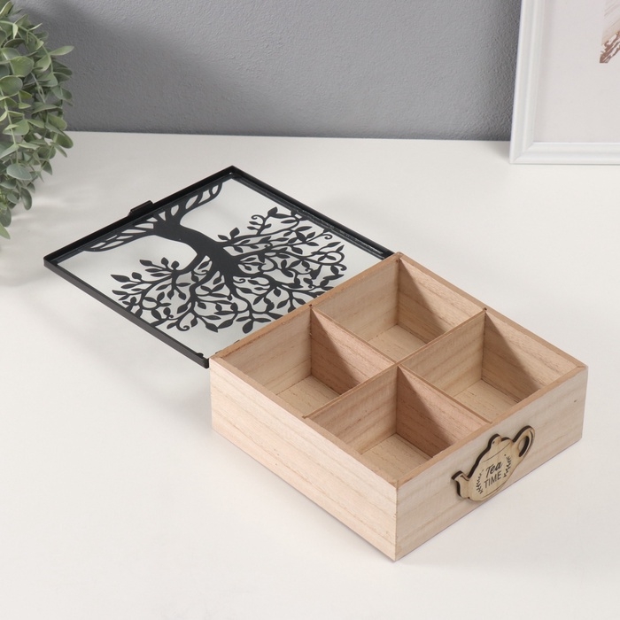 Шкатулка дерево с делениями "Время для чая" 20,2х20,2х7,3 см