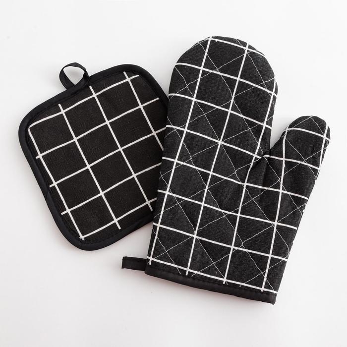 Кухонный набор Доляна &laquo;Клетка&raquo; цв.черный, прихватка 17*17 см, рукавица 26*16 см,100% п/э