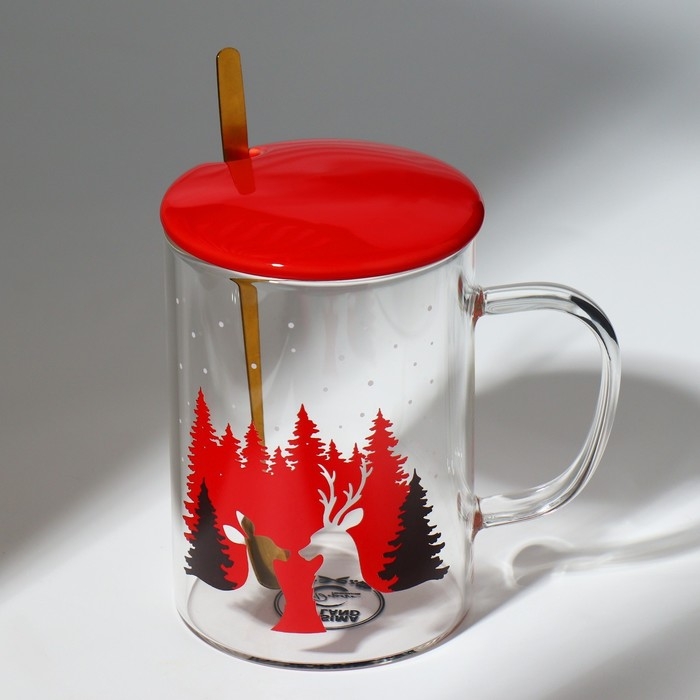 Новый год. Кружка стеклянная с ложкой и крышкой &laquo;Зимний лес&raquo;, 470 мл