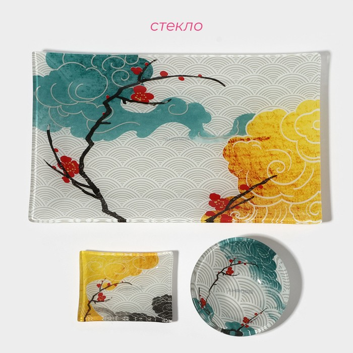 Набор для суши из стекла Доляна &laquo;Абстракция&raquo;, 3 предмета: соусники 8&times;2 см, 8&times;6 см, подставка 25&times;15&times;2 см