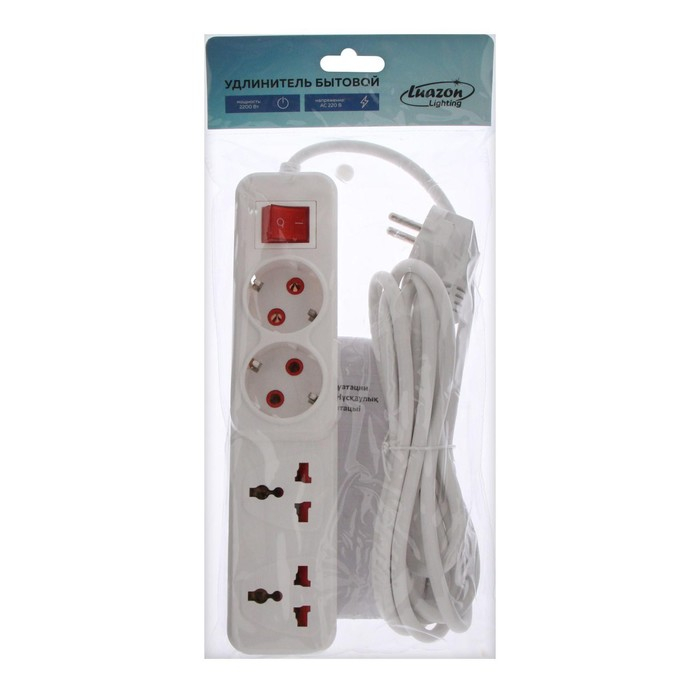 Удлинитель Luazon Lighting, 2 евро+2 унив.роз., 3 м, 2200 Вт, 2х0.5 мм2, с выкл., белый Удлинитель Luazon Lighting, 2 евро+2 унив.роз., 3 м, 2200 Вт, 2х0.5 мм2, с выкл., белый