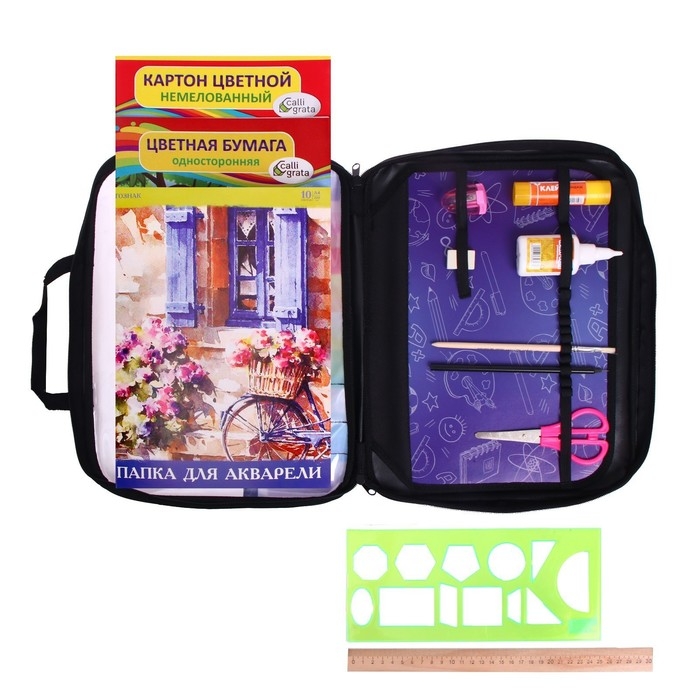 Папка для труда А4, 335 х 260 х 60 мм, с ручками, текстиль, ПВХ, с наполнением 13 предметов, Calligrata, ПТР-111, Папка для труда А4, 335 х 260 х 60 мм, с ручками, текстиль, ПВХ, с наполнением 13 предметов, Calligrata, ПТР-111, "Карандаши"