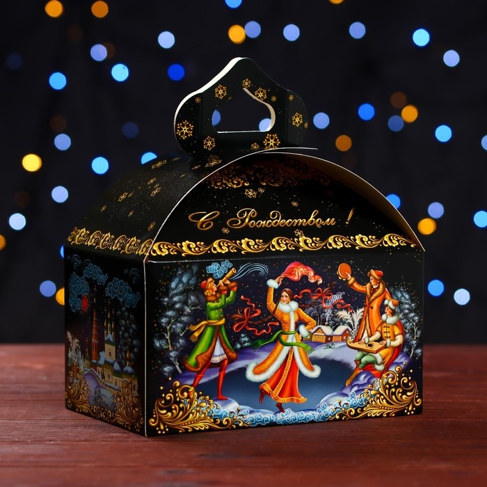 Новый год. Подарочная коробка "Зимние гулянья" , Сундучок 18,5 х 12,5 х 16,5 см.