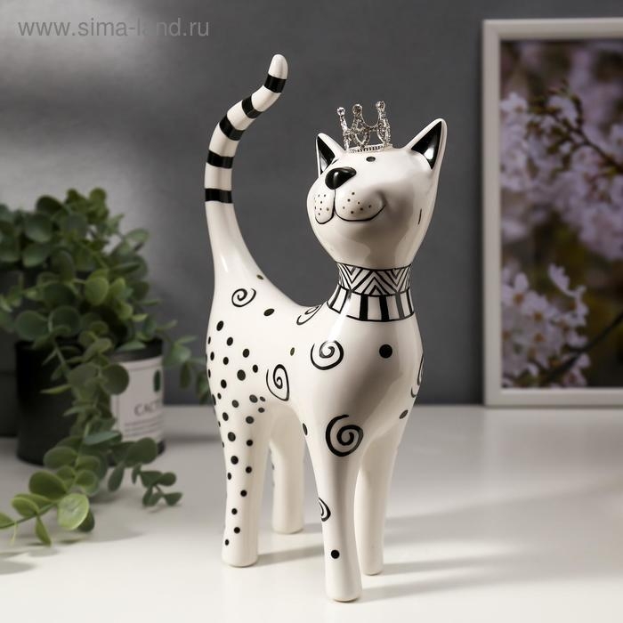 Сувенир керамика "Кошечка в короне, узорная" бело-чёрная с золотом 23,5х6,5х14,5 см