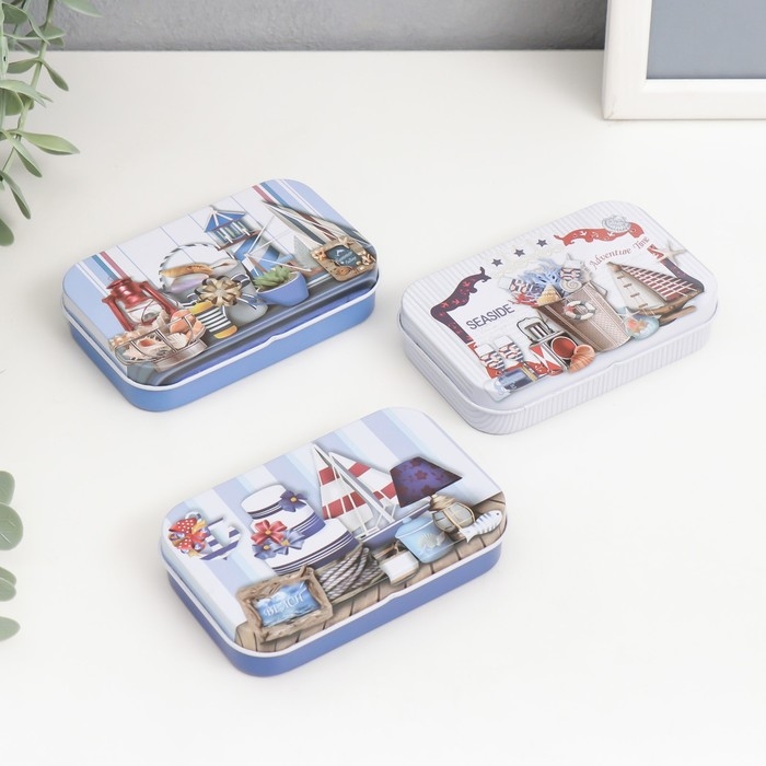 Шкатулка металл прямоугольная "Морская" МИКС 5,8х9,5х2,2 см