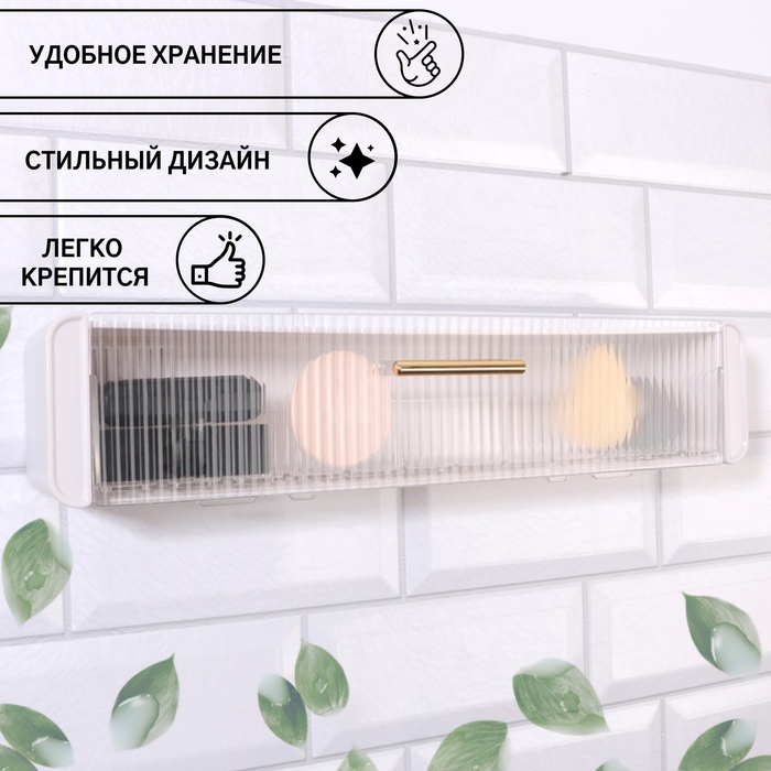 Органайзер для хранения, навесной, 1 секция, с клеевой основой и крючками, 38,7 &times; 8,5 &times; 6,5 см, цвет полупрозрачный/белый