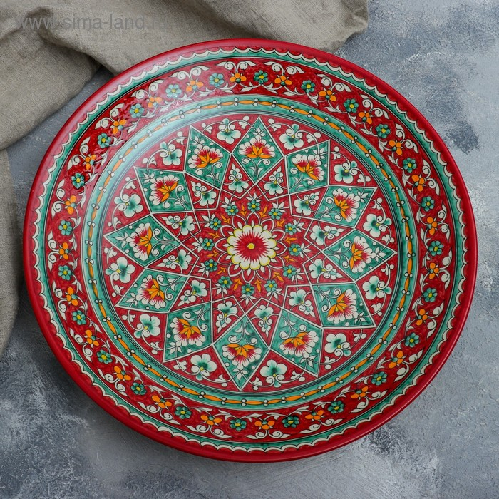 Ляган круглый Риштанская Керамика, 41см, красный, зелёно-жёлтый узор Ляган круглый Риштанская Керамика, 41см, красный, зелёно-жёлтый узор