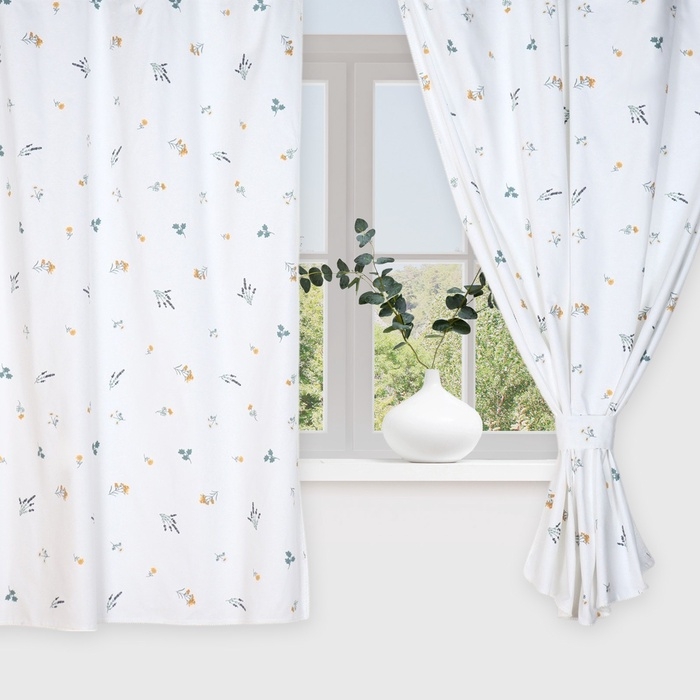 Комплект штор для кухни с подхватами Этель "Полевые цветочки", 150х180 см - 2 шт,  рогожка 176 г/м2