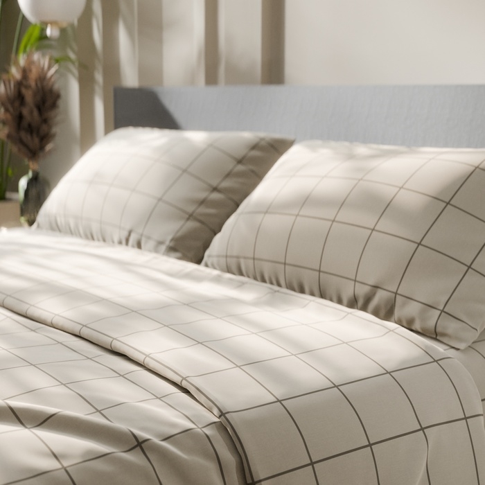 Постельное бельё Этель 2 сп "Клетка" цвет бежевый 175х215, 200х220, 50х70-2 шт, бязь, 125 г/м2