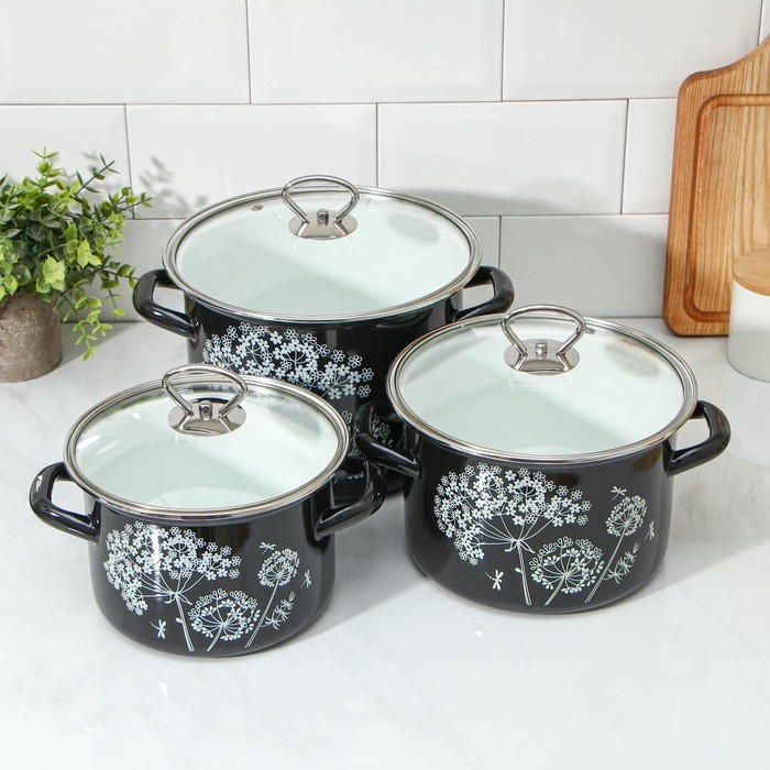 Набор эмалированных кастрюль &laquo;Ажур&raquo;, 3 предмета: 2.4 л, 3.4 л, 5 л, индукция