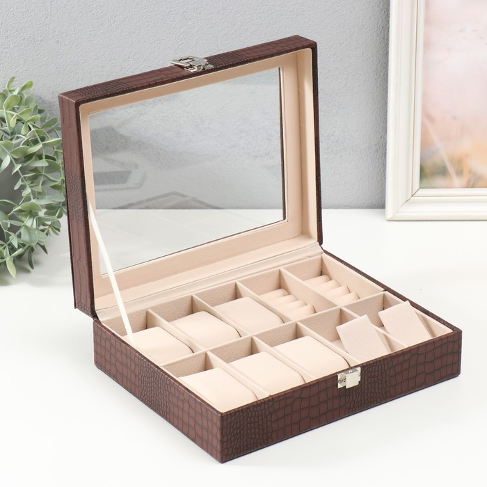 Шкатулка кожзам под часы 6 отделений и бижутерию "Кофейный питон" матовая 7,7х20х25,5 см