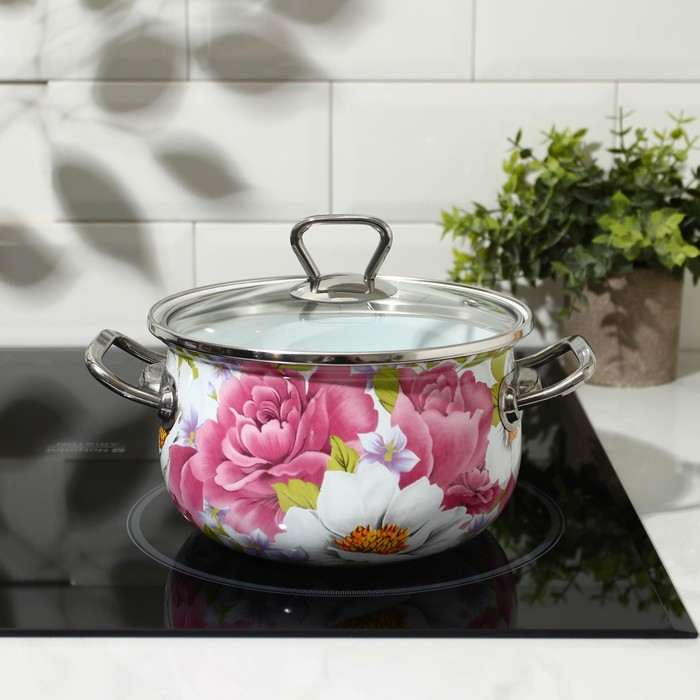 Кастрюля эмалированная «Пион», 2.1 л, стеклянная крышка, индукция Кастрюля эмалированная «Пион», 2.1 л, стеклянная крышка, индукция