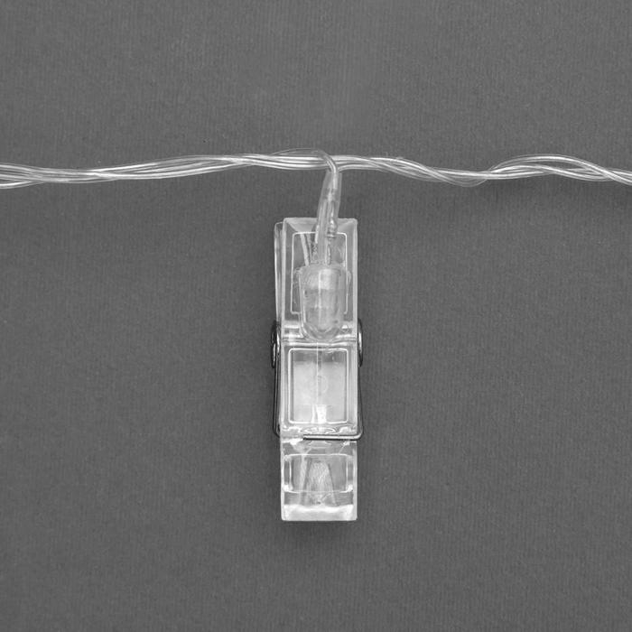 Гирлянда &laquo;Нить&raquo; 5 м с насадками &laquo;Прищепки&raquo;, IP20, прозрачная нить, 30 LED, свечение тёплое белое, 8 режимов, 220 В
