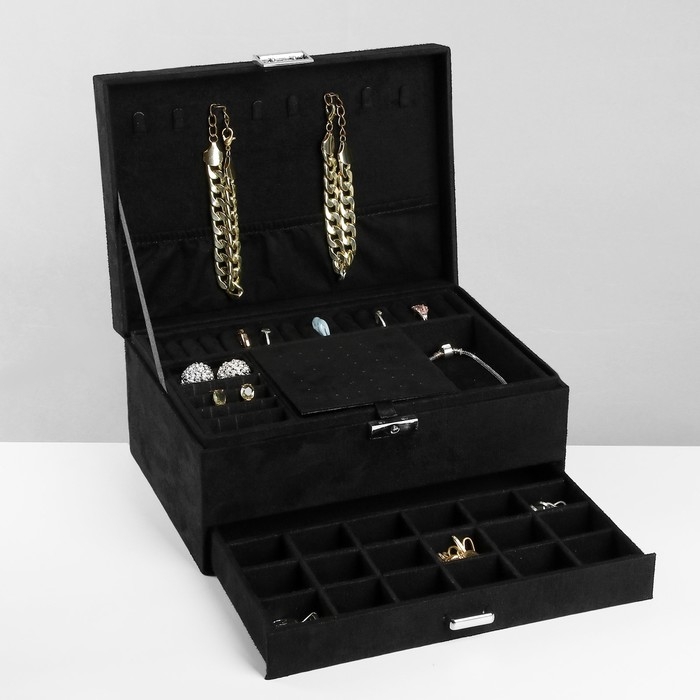 Подставка для украшений &laquo;Шкатулка&raquo; 2-х уровневая, флок, 24,5&times;17&times;12 см, цвет чёрный