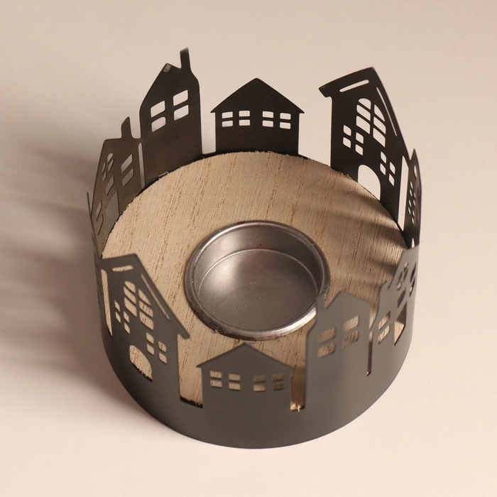 Подсвечник металл, дерево на 1 свечу "Домики" d=4 см 10х10х8,5 см