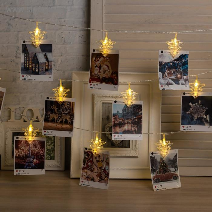 Гирлянда &laquo;Нить&raquo; 4.5 м с насадками &laquo;Прищепки-ёлочки&raquo;, IP20, прозрачная нить, 20 LED, свечение тёплое белое, 220 В