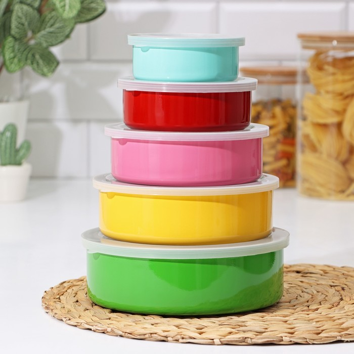 Набор салатников из нержавеющей стали «Радуга», 5 шт: d=18/16/14/12/10 см, с крышками, МИКС Набор салатников из нержавеющей стали «Радуга», 5 шт: d=18/16/14/12/10 см, с крышками, МИКС