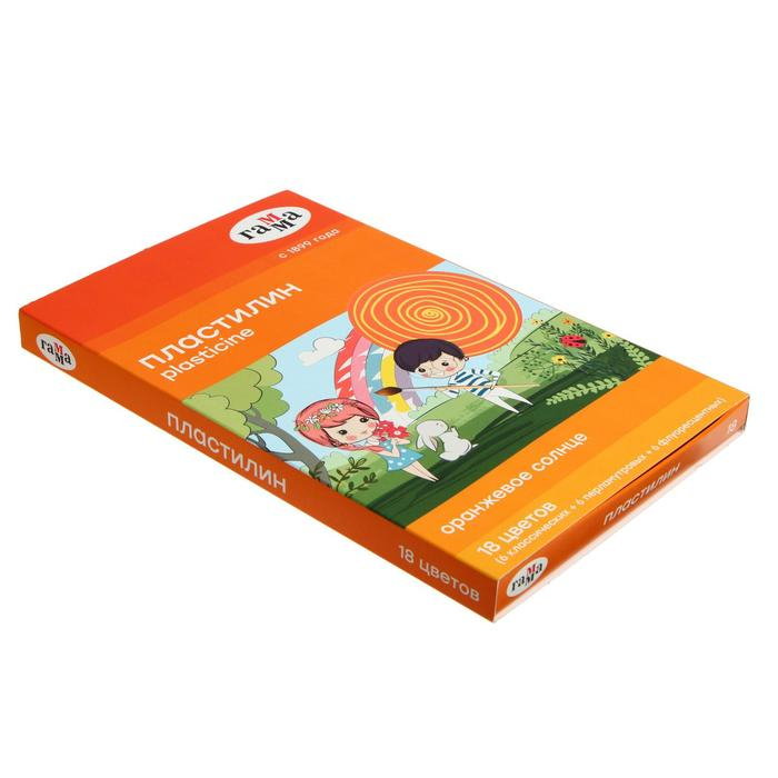 Пластилин 18 цветов 234 г (6 классических, 6 флуоресцентных, 6 перламутровых) Пластилин 18 цветов 234 г (6 классических, 6 флуоресцентных, 6 перламутровых) "Гамма" "Оранжевое солнце", со стеком