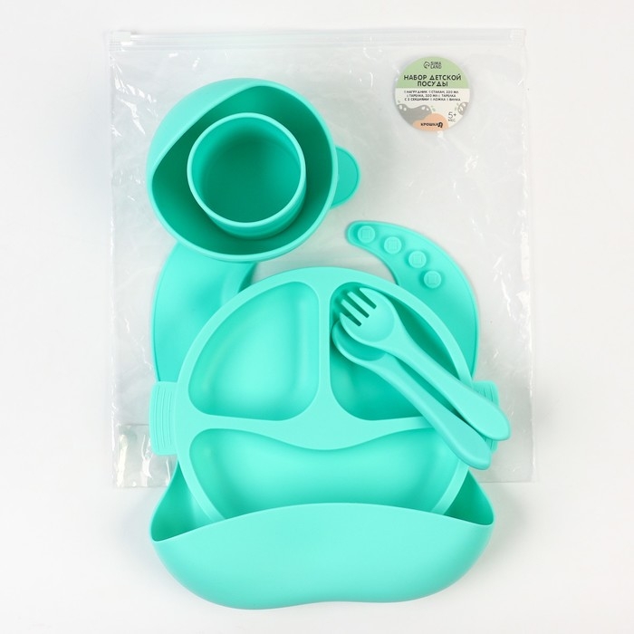 Набор для кормления: нагрудник, тарелка 2шт, стакан, приборы, Крошка Я, бирюзовый