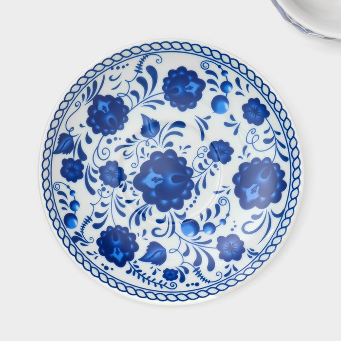 Сервиз керамический чайный Доляна &laquo;Русский узор&raquo;,13 предметов на подставке: 6 чашек 210 мл, 6 блюдец, чайник