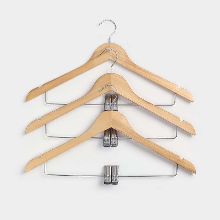 Плечики - вешалки для брюк и юбок Доляна, 45&times;27 см, 3 шт, с зажимами, деревянные сорт С, широкие плечики