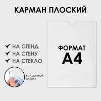 Карман плоский А4, 22,5&times;0,2&times;31 см, без скотча для крепления, с вырубкой, оргстекло 1 мм, В ЗАЩИТНОЙ ПЛЁНКЕ