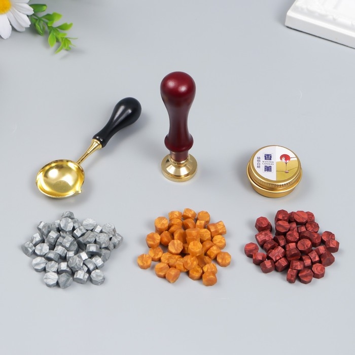 Сургучный набор Сургучный набор "Крупная роза" печать, ручка, ложка, воск - 3 цвета, свеча 3,5х11х23 см