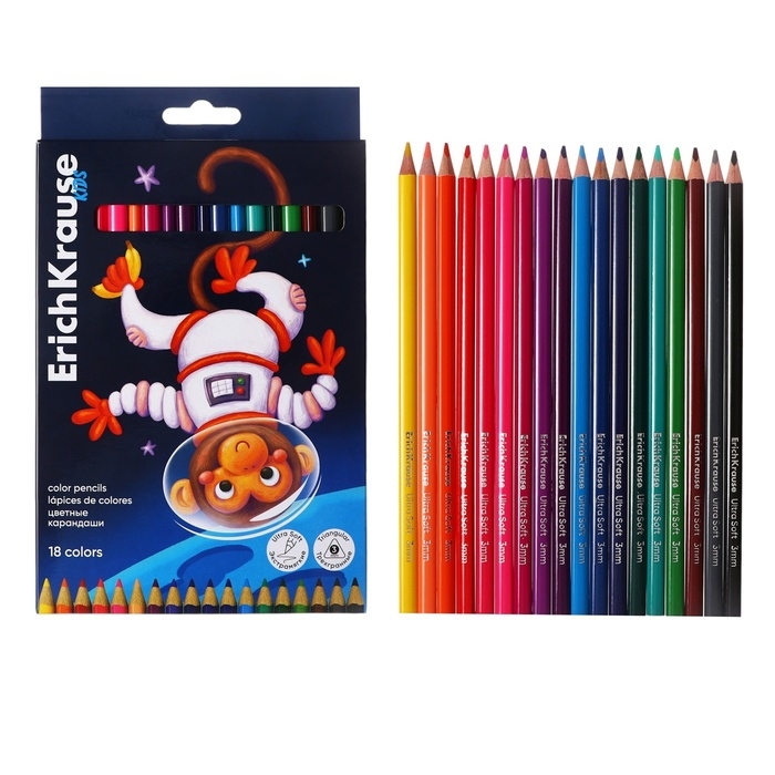 Карандаши 18 цветов ErichKrause Kids Space Animals, трехгранные, деревянные, европодвес Карандаши 18 цветов ErichKrause Kids Space Animals, трехгранные, деревянные, европодвес