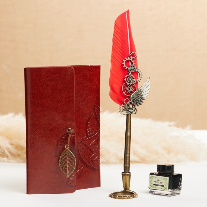 Набор подарочный 4в1 "Стимпанк": блокнот, перьевая ручка красная, чернила, наконечники
