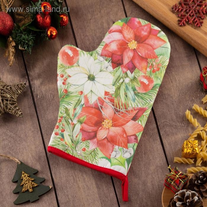 Новый год. Варежка-прихватка Christmas red flowers 20х28см, саржа, 100% хлопок, ватин 250г/м2 Новый год. Варежка-прихватка Christmas red flowers 20х28см, саржа, 100% хлопок, ватин 250г/м2