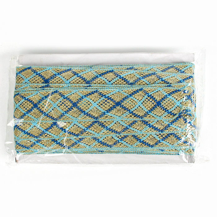 Тесьма, ширина 3,5 см., в упаковке 25 м., сине-голубая, на золоте Тесьма, ширина 3,5 см., в упаковке 25 м., сине-голубая, на золоте