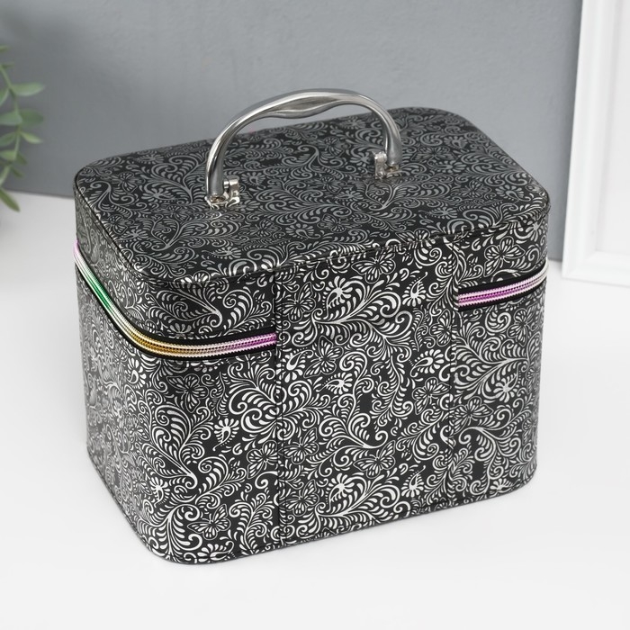 Шкатулка кожзам с зеркалом "Узоры, бабочки" чёрная н-р 3 шт 19х10,5х10,5 21х13х14 15х23х17см