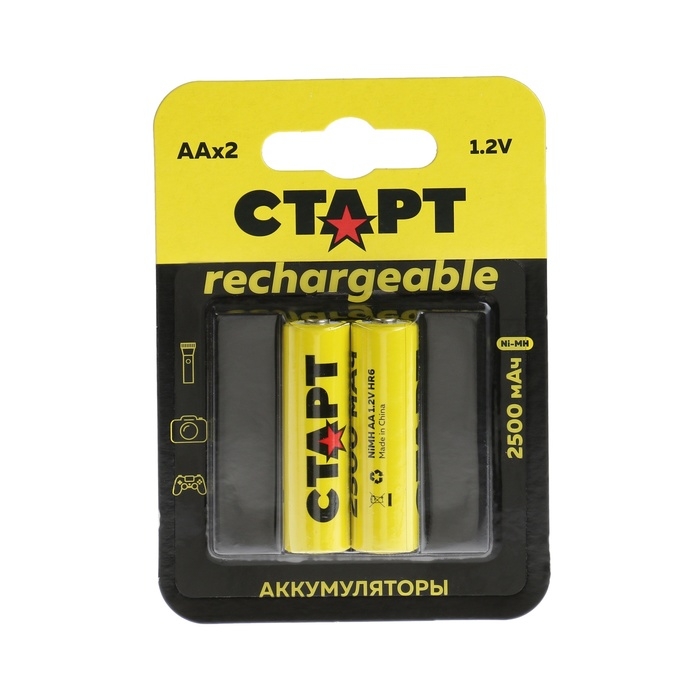 Аккумулятор СТАРТ, Ni-Mh, AA, HR6-2BL, 1.2В, 2500 мАч, блистер, 2 шт Аккумулятор СТАРТ, Ni-Mh, AA, HR6-2BL, 1.2В, 2500 мАч, блистер, 2 шт
