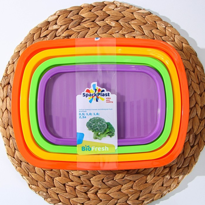 Набор пищевых контейнеров &laquo;BioFresh&raquo;, 4 шт: 500 мл, 1 л, 1,6 л, 2,3 л, прозрачные, крышки микс